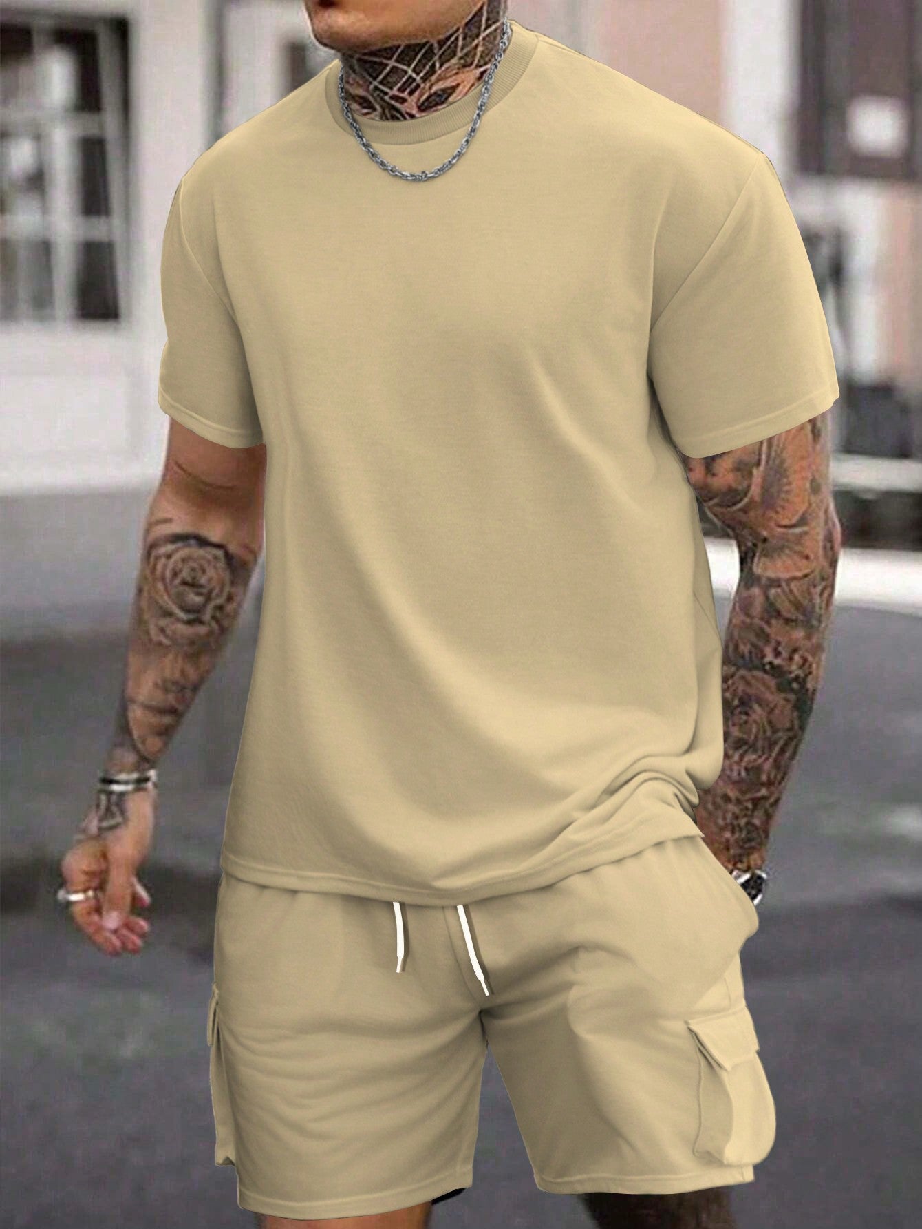 Men's Round Neck Solid Short Sleeve and Bottom Set